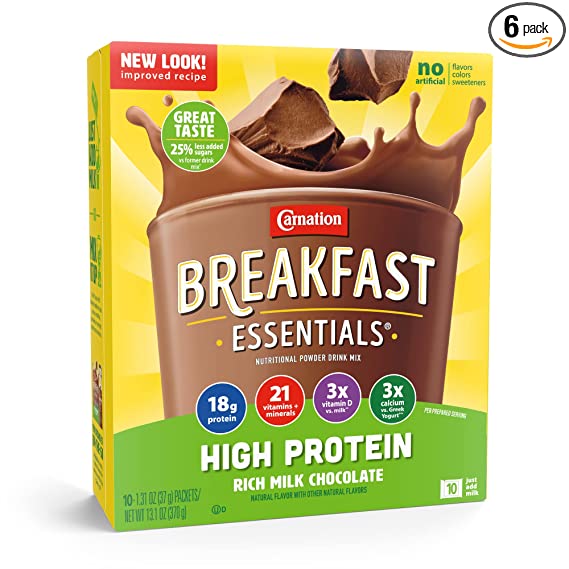 Carnation Breakfast Essentials High Protein Powder Drink Mix, Rich Milk Chocolate, 10 Count Box Packets (Pack of 6) (Packaging May Vary)