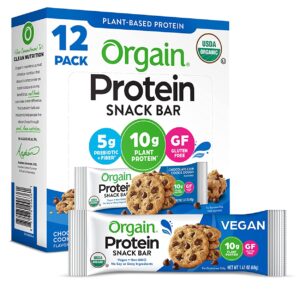 Orgain Organic Plant Based Protein Bar, Chocolate Chip Cookie Dough - 10g of Protein, Vegan, Gluten Free, Non Dairy, Soy Free, Lactose Free, Kosher, Non-GMO, 1.41 Ounce, 12 Count (Packaging May Vary)