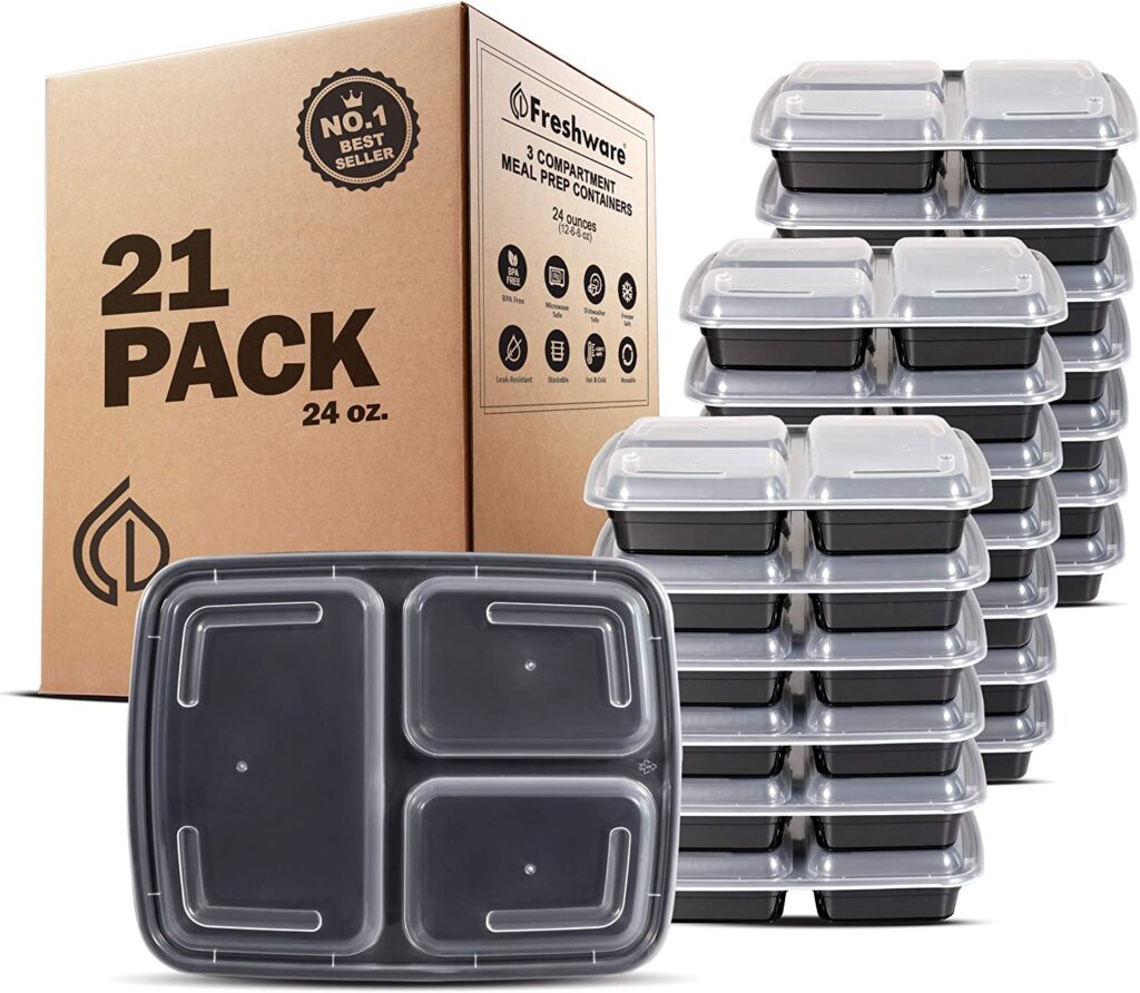 Freshware Meal Prep Containers [21 Pack] 3 Compartment with Lids, Food Storage Containers, Bento Box, BPA Free, Stackable, Microwave/Dishwasher/Freezer Safe (24 oz)