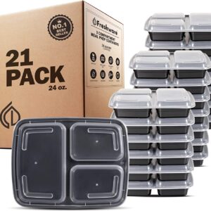 Freshware Meal Prep Containers [21 Pack] 3 Compartment with Lids, Food Storage Containers, Bento Box, BPA Free, Stackable, Microwave/Dishwasher/Freezer Safe (24 oz)