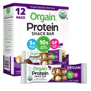 Orgain Organic Plant Based Protein Bar, S'Mores - 10g of Protein, Vegan, Gluten Free, Non Dairy, Soy Free, Lactose Free, Kosher, Non-GMO, 1.41 Ounce, 12 Count (Packaging May Vary)