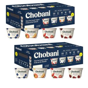 Chobani Nonfat Greek Yogurt With Fruit On The Bottom Variety Pack, Only Natural Ingredients with Four Different Flavors - 4 Strawberry, 4 Blueberry, 4 Peach and 4 Black Cherry - 2 Pack (16 ct. Each)