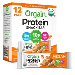 Orgain Organic Plant Based Protein Bar, Peanut Butter - 10g of Protein, Vegan, Gluten Free, Non Dairy, Soy Free, Lactose Free, Kosher, Non-GMO, 1.41 Ounce, 12 Count (Packaging May Vary)