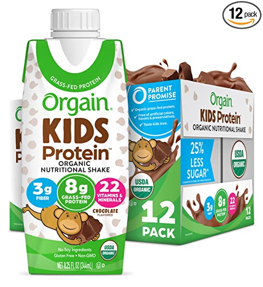 Orgain Organic Kids Protein Nutritional Shake, Chocolate - 8g of Protein, 22 Vitamins & Minerals, Fruits & Vegetables, Gluten Free, Soy Free, Non-GMO, 8.25 Fl Oz (Pack of 12)