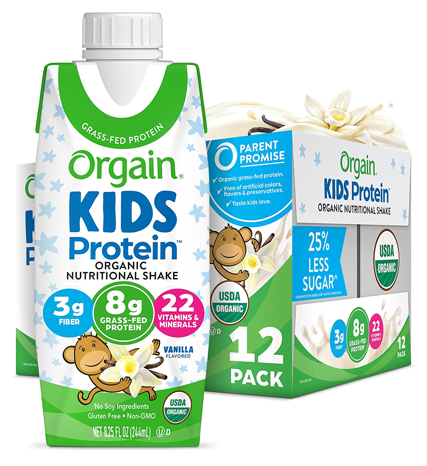 Orgain Organic Kids Protein Nutritional Shake, Vanilla - 8g of Protein, 22 Vitamins & Minerals, Fruits & Vegetables, Gluten Free, Soy Free, Non-GMO, 8.25 Oz, 12 Ct (Packaging May Vary)
