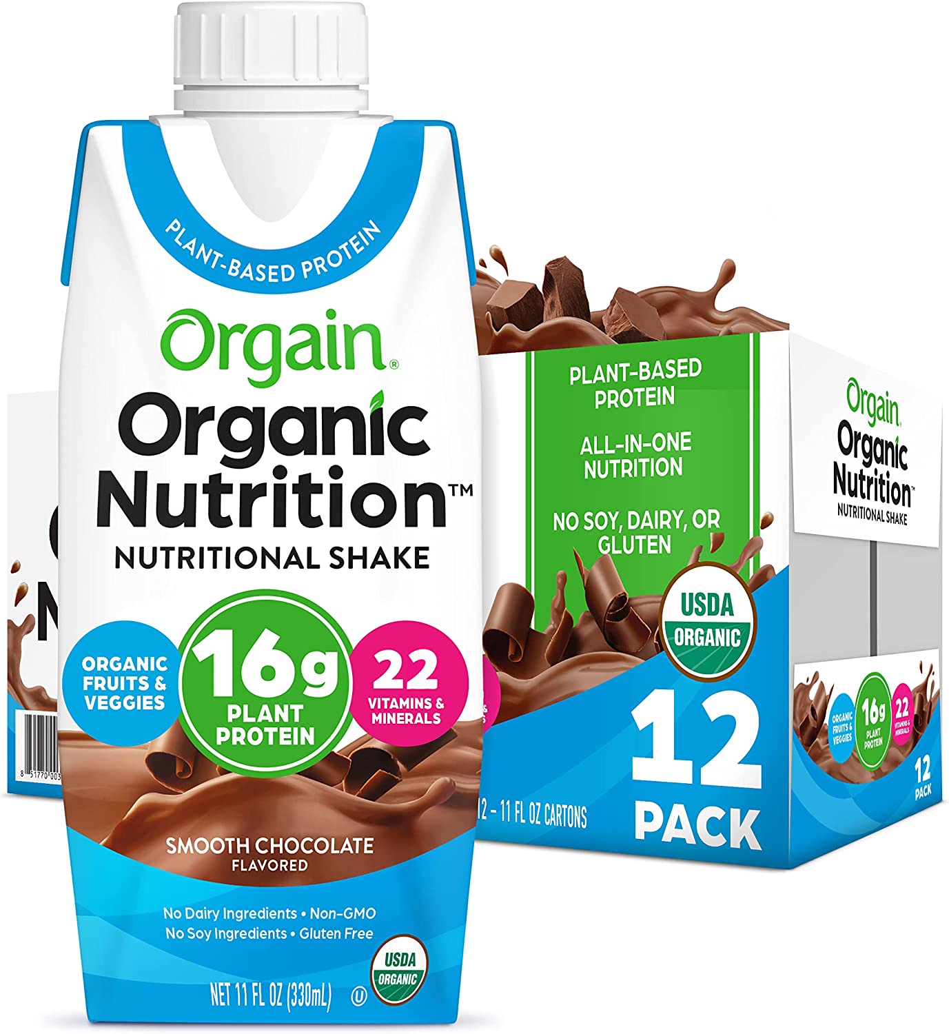 Orgain Organic Vegan Plant Based Nutritional Shake, Smooth Chocolate - Meal Replacement, 16g Protein, 22 Vitamins & Minerals, Dairy Free, Gluten Free, 11 Fl Oz (Pack of 12)