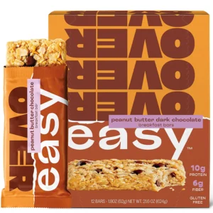 OVER EASY Peanut Butter Dark Chocolate Breakfast Bars | All Natural, Clean Ingredient Protein Bars | Breakfast & Cereal Bars | 12 Protein Snack Bars Gluten Free, Dairy Free, Soy Free